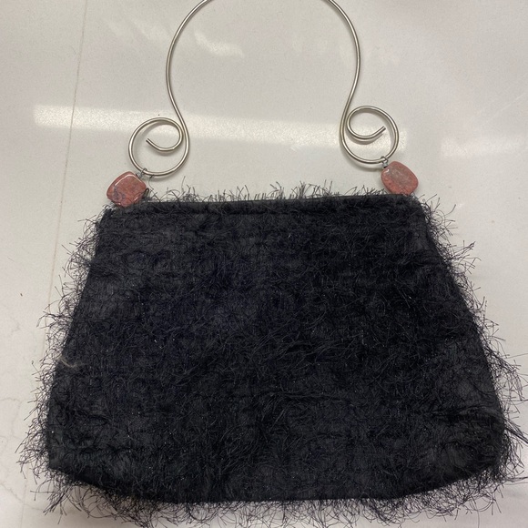 Black Fuzzy handbag with polished stones and wire handle - Picture 5 of 5